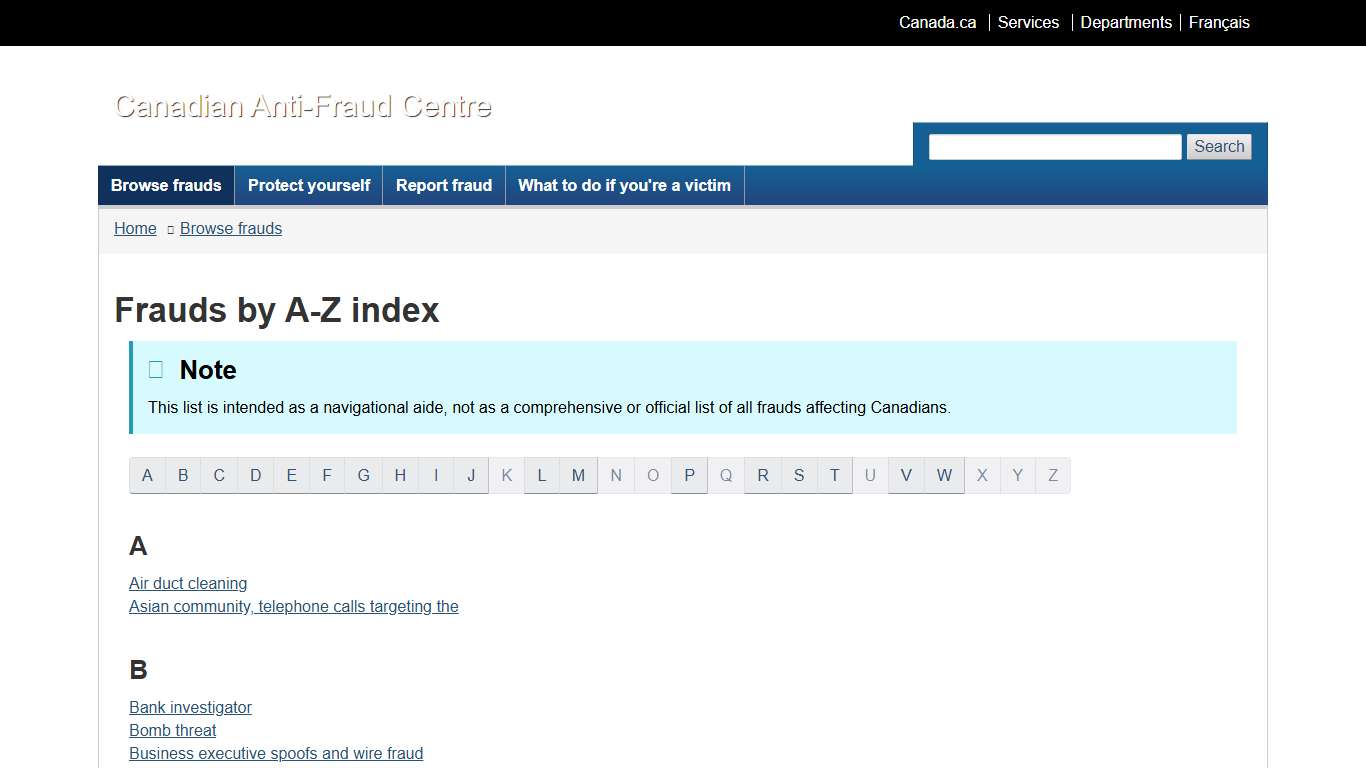 Frauds by A-Z index
